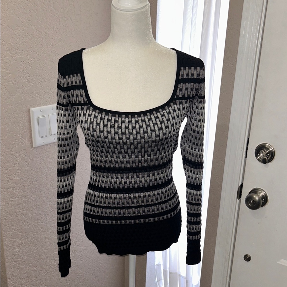 White House Black Market Black and Gray Knit Top